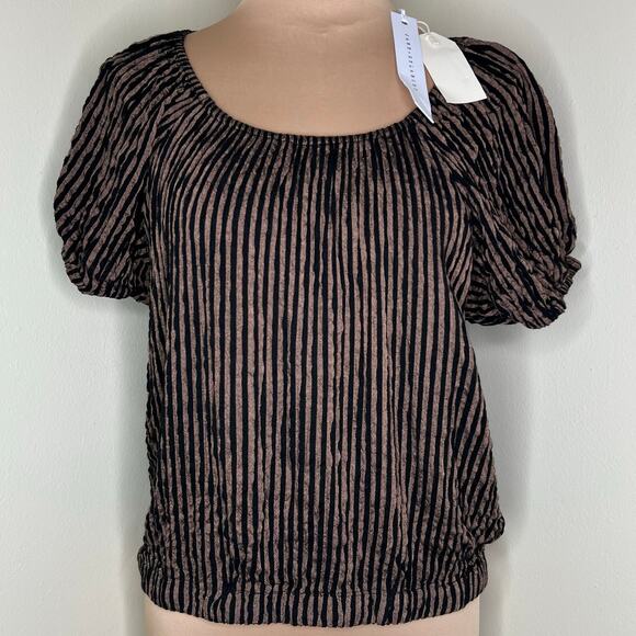 Jane and Delancey Blouson Top Small Brown Black Stripe Off The Shoulder Crinkle - Picture 1 of 10